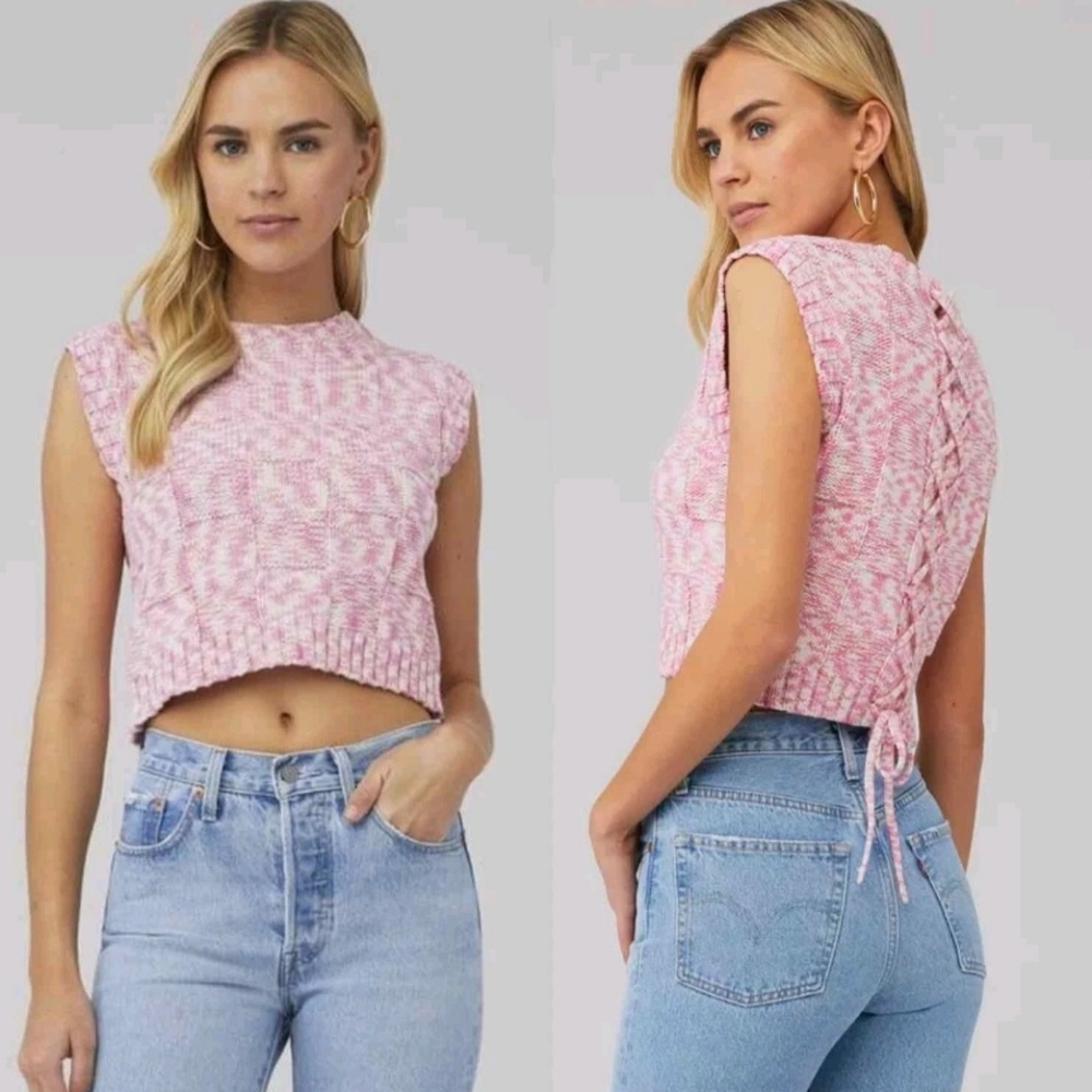 Steve Madden Cicilla Pink Knitted Sleeveless Cropped Sweater Laced Up Back Med